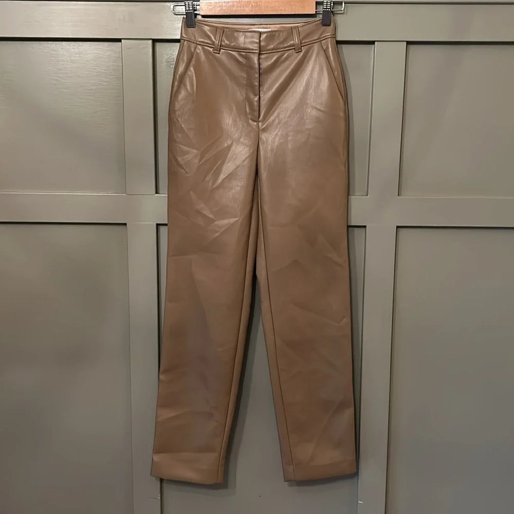 Aritzia Babaton Command Pants Vegan Faux Leather Straight Leg Camel Tan Size 00